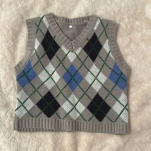 short sweater vest - blue, green, white, and black plaid